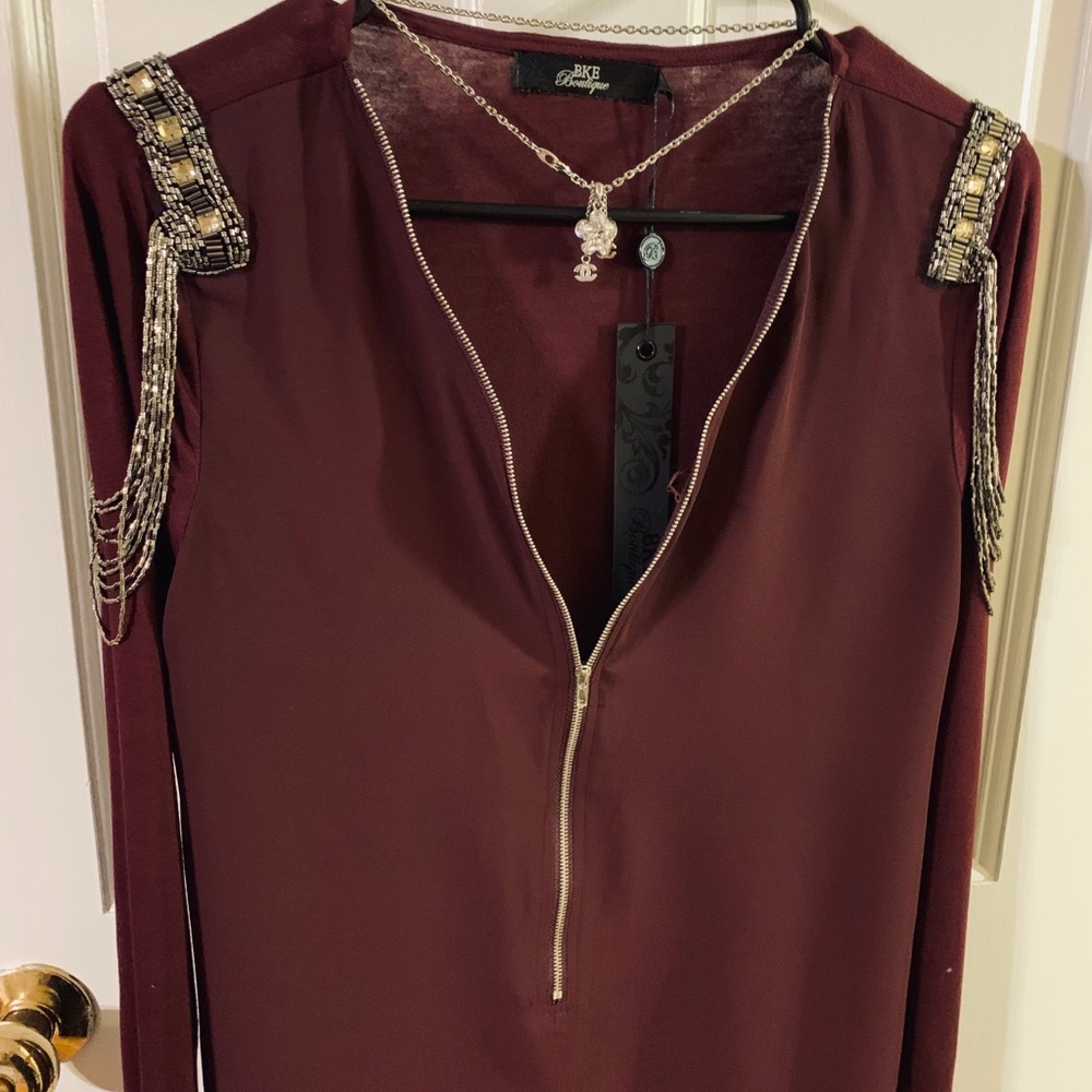 BKE Burgandy Military Embellished Zip Front Top - Picture 2 of 8